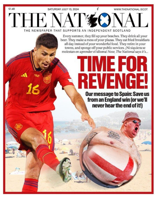 ADSportwereld's tweet photo. De Schotse krant The National publiceerde vanmorgen - een dag voor de EK-finale Spanje -Engeland - een opmerkelijke cover. 

📢 'Elke zomer overspoelen ze jullie stranden. Ze drinken al jullie bier. Ze maken er een zooitje van in jullie plazas en ze eten gefrituurde ontbijten in plaats van jullie heerlijke eten. Het is tijd voor wraak!' 
https://t.co/4p0z7YvU9J
