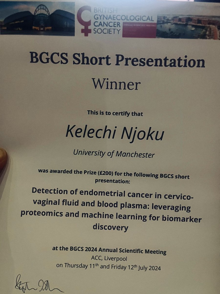 Congrats <a href="/DrKC_Njoku/">KC Njoku</a> <a href="/ECTeamSMH/">Team Womb</a> for winning Best Short Oral Presentation <a href="/BGCS_org/">BGCS</a> #BGCS2024 for your game-changing work developing a patient friendly solution to #endometrial #cancer detection! Bravo! <a href="/ManchesterBRC/">NIHR Manchester Biomedical Research Centre</a> <a href="/MCRCnews/">Manchester Cancer Research Centre</a> <a href="/MFT_Research/">MFT Research and Innovation</a> <a href="/eveappeal/">The Eve Appeal</a> <a href="/peachestrust/">Peaches Womb Cancer Trust</a>