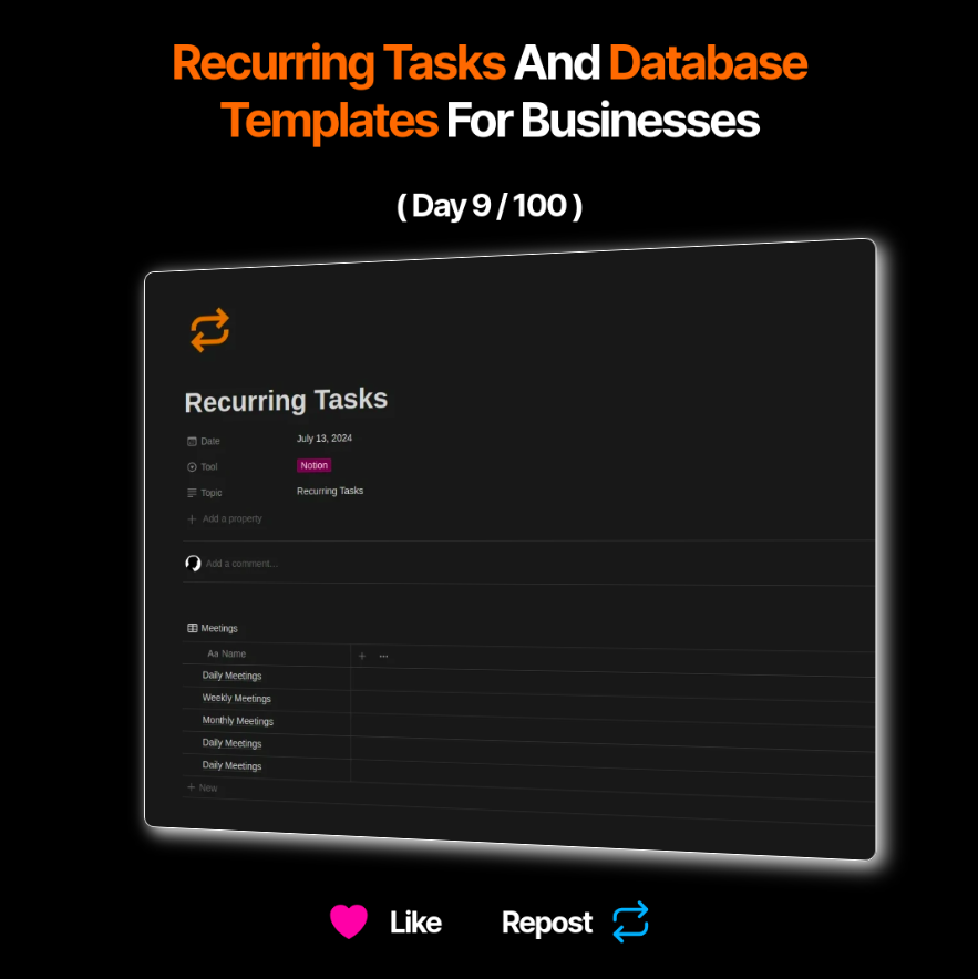 Atleast 1000 Notion templates exist in the market.

Most of them don't come with a powerful feature of Notion - RECURRING TASKS

If you use a Notion system for your business,

This will save ½ your time managing it :🧵