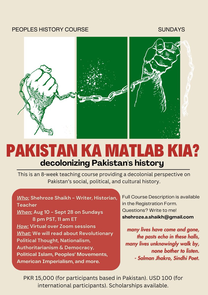 After many years of intention &amp; research, I am excited to share this. This summer, I'll be teaching an online course on Decolonizing Pakistan History. Together we'll read people’s histories that explore the many imaginations of our past &amp; future . Details: tinyurl.com/3k74a75n
