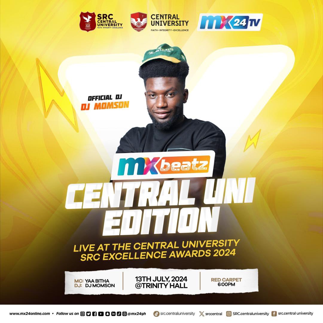 mx24gh's tweet photo. #MXBeatz is back on the road! Catch the team @centralunivgh with @iamedem as we plug into the Central University SRC Awards Night hosted by @yaabitha.

#MXBeatz #PlayOn #MX24 #FunFearlessFactual https://t.co/2eH14QloyE