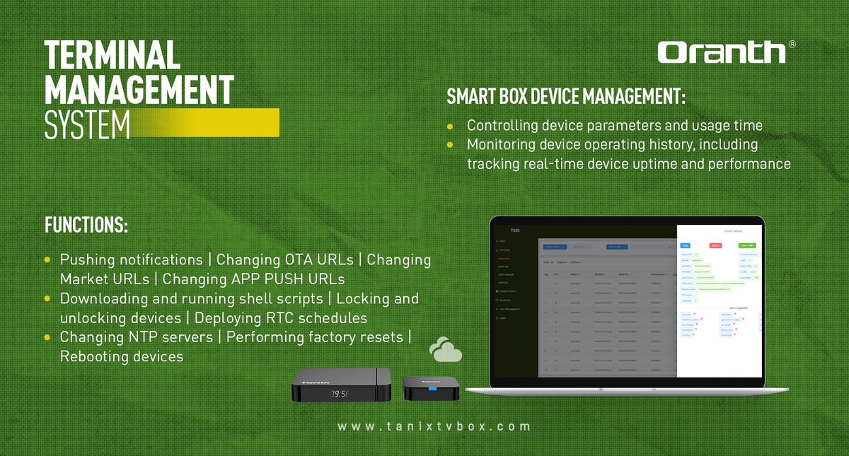 Tanix_TVBOX's tweet photo. Discover #Oranth's latest innovation: the #TerminalManagementSystem (#TMS). TMS allows you to remotely control and manage deployed devices effortlessly. Key features include: https://t.co/iRwwwW80rS