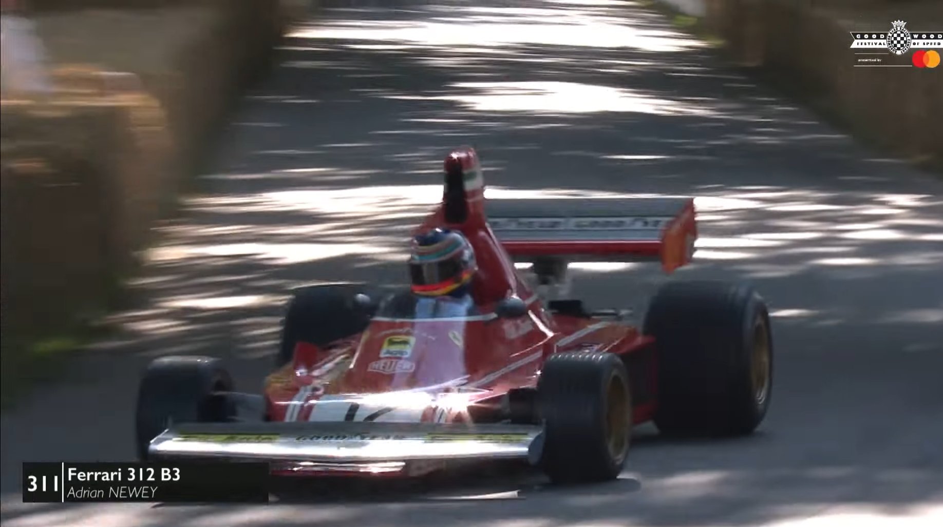 Adrian Newey drives Niki Lauda's Ferrari 312 B3 car at Goodwood