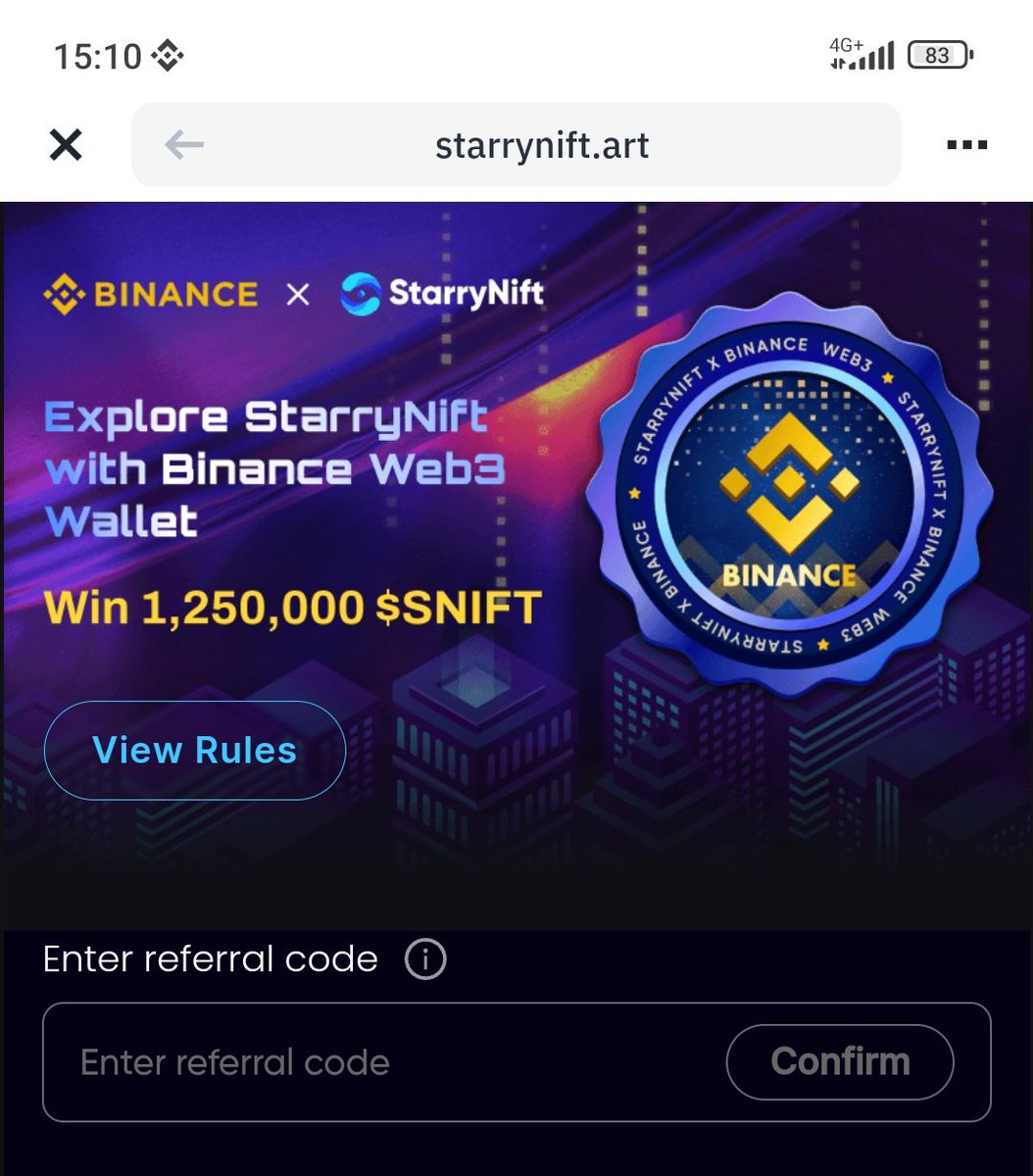 Airdrop starryNift kode referral : 
Welcome to Binance Web3 Wallet &amp; StarryNift joint event! Create MPC Binance Web3 Wallet(Keyless Wallet), mint your Citizenship card here: starrynift.art/mpc-web3, and share the prize pool! Use my referral Code: 7M-g8gop0m to enjoy more benefits