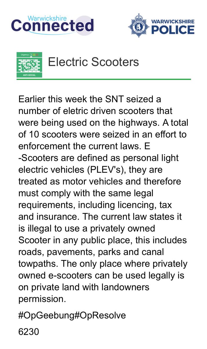 DaniHunterSuA's tweet photo. A message from @warkspolice regarding electric scooters
#OpGeebung #OpResolve https://t.co/wxHQ07sNIo
