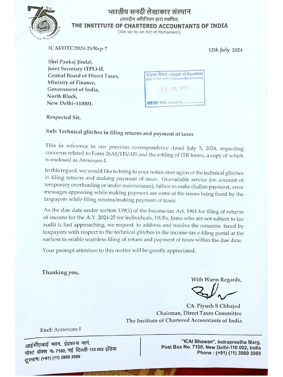 atulmodani's tweet photo. Direct Tax committee , ICAI have submitted one more representation to CBDT on various glitches/ non performance/ non availablity  of #Incometax portal , 1st representation was submitted on 5th July 2024

#incometaxretun #IncomeTaxportal #Infosys 

@nsitharaman @theicai @PMOIndia @FinMinIndia @IncomeTaxIndia