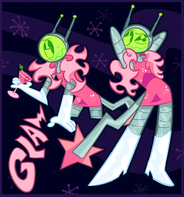 GLAM! he's a party-type robot that hangs out with cupid! Hes a guy that loves to wear flashy outfits! 