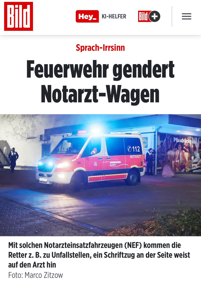 Georg_Pazderski's tweet photo. Die Feuerwehr Hamburg will „Noteinsatzfahrzeuge” geschlechtsneutral mit „Notärzt*in” beschriften.

Nur was bitte ist ein „Notärzt”?

Die verdummende Gehirnwäsche greift immer weiter um sich.

https://t.co/ODjYxGynPx https://t.co/IcogeDidsZ