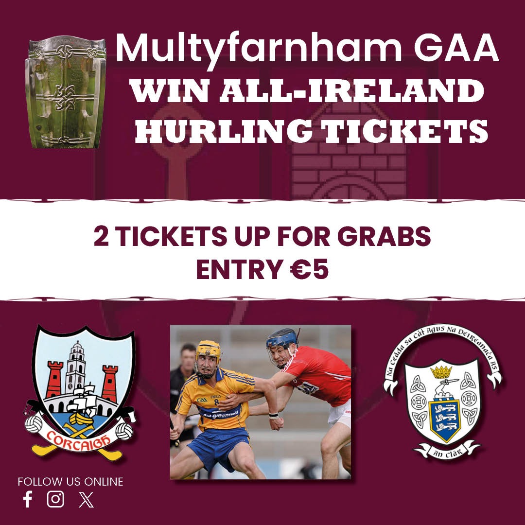 All-Ireland Hurling Final Tickets Draw

Enter our draw (€5 per entry to win) at 

bit.ly/3W4Oaqi 

to win a pair of tickets to the All Ireland Final between <a href="/OfficialCorkGAA/">Cork GAA</a> &amp; <a href="/GaaClare/">Clare Gaa</a>

Draw takes place on Friday 19 July at 9.30 pm