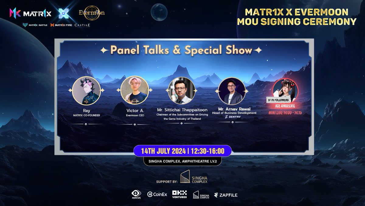 EverMoon_nft's tweet photo. 🔥 EPIC Panel Talks & Special Show at the MATR1X x Evermoon MOU Signing Ceremony🔥

Join us for a panel discussion with industry leaders, a mini-concert by Ice from Angevil, and MORE! 🎤🎮

Discover how this collab will reshape the Gaming & MOBA scene and learn about the infinite power of Web3 gaming!

🗓️ July 14th
🔗 Register: https://t.co/t8app2yS9r
👉 Details: https://t.co/vVmqqIg0Om
Don't miss this Web3 gaming revolution! 
#EvermoonMOBA #MATR1X #Web3Gaming #MOBA