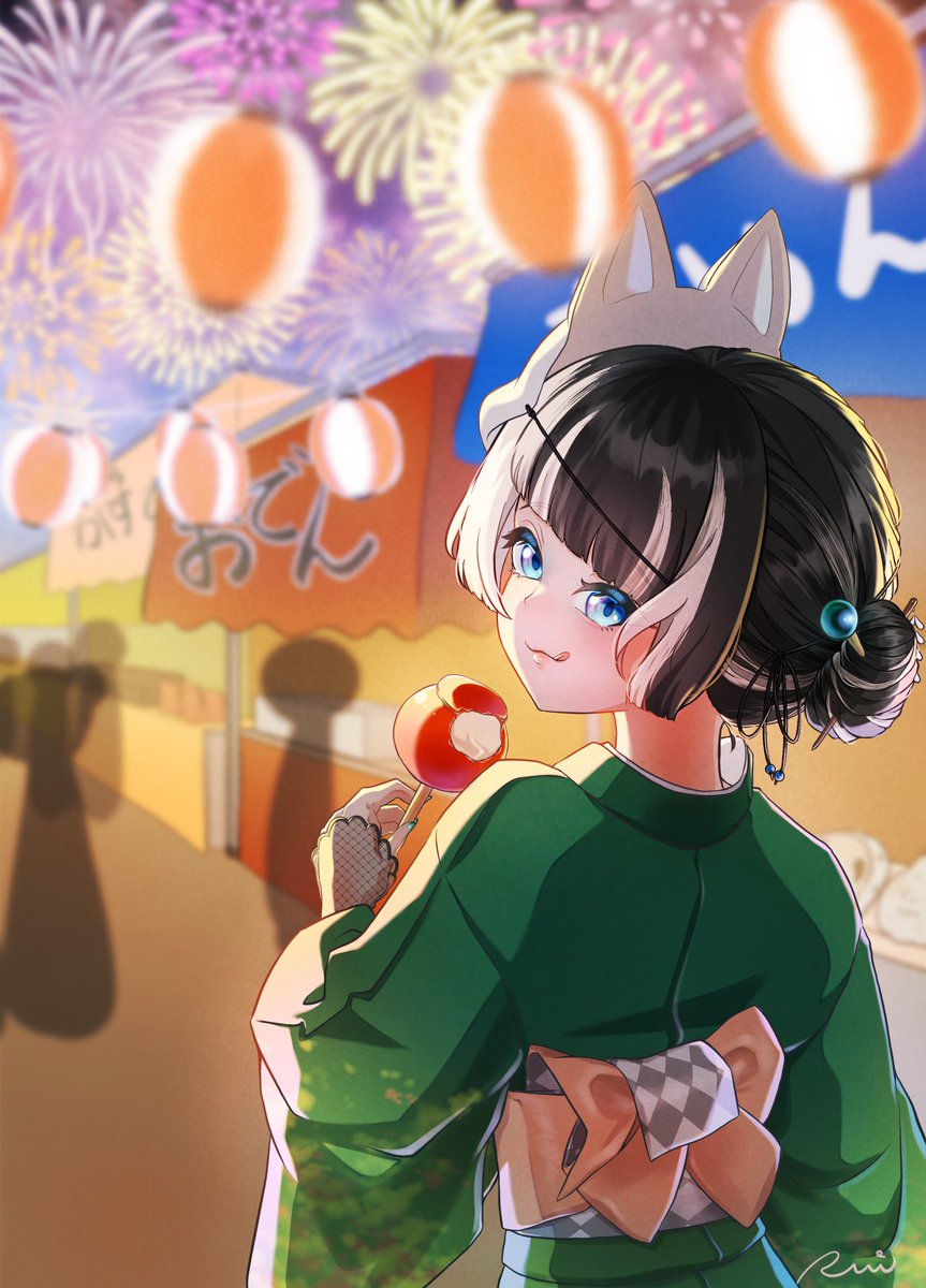 suim_3dr's tweet photo. 「…めっちゃ見とるっちゃけど、りんご飴欲しいん？」
#らでん似絵 https://t.co/R3NZV2V150