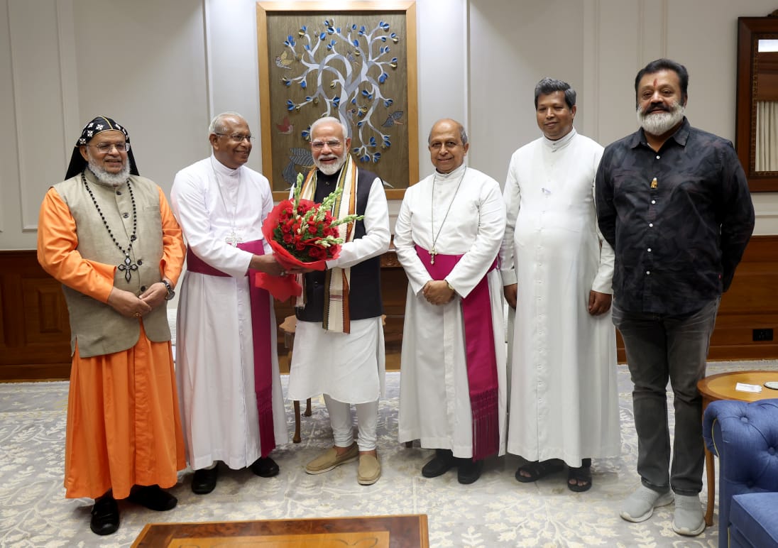 Honored to meet PM <a href="/narendramodi/">Narendra Modi</a> ji and CBCI office bearers: Archbishop Andrews Thazhath (President), Archbishop George Anthoniswamy (VP I), Bishop Joseph Mar Thomas (VP II), Archbishop Anil Couto (Sec Gen), and Fr. Mathew Koyikkal (Dep Sec Gen).