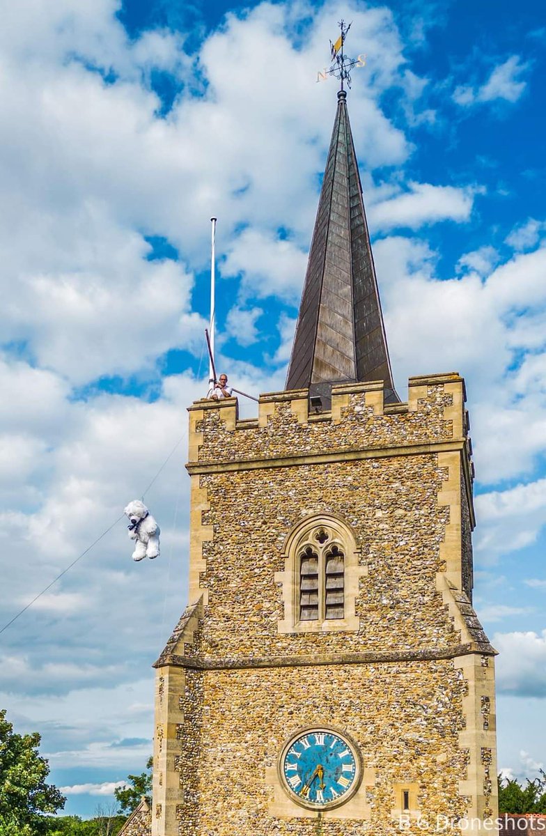 Hertingfordbury's tweet photo. If you happen to spot a teddybear  🧸 or two being drawn up the church tower and  sliding down a zipwire during today's game, don't worry. It's perfectly normal for Hertingfordbury https://t.co/ezfHBv0OcU