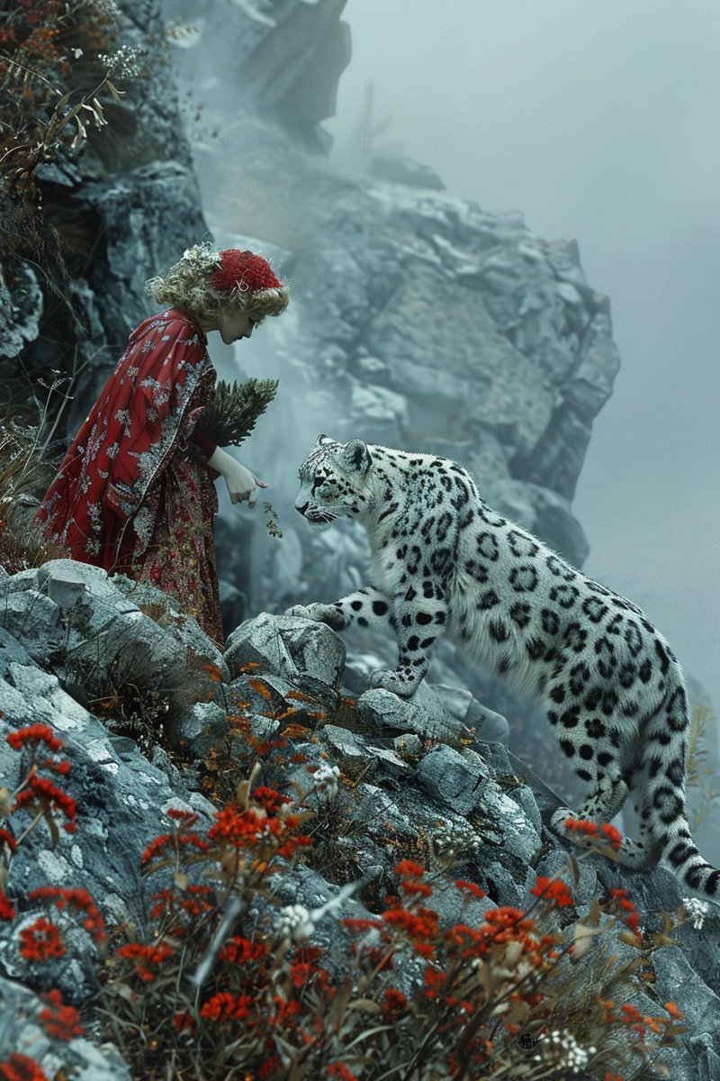 Unveiling the latest marvel from <a href="/AI_Newb420/">Tokers</a> , captured in a breathtaking high-altitude scene where a woman in a vibrant red dress bravely extends flowers to a majestic snow leopard, enveloped by mystic fog and rugged cliffs. 

#midjourney #midjourneyai #midjourneyart #leonardoai