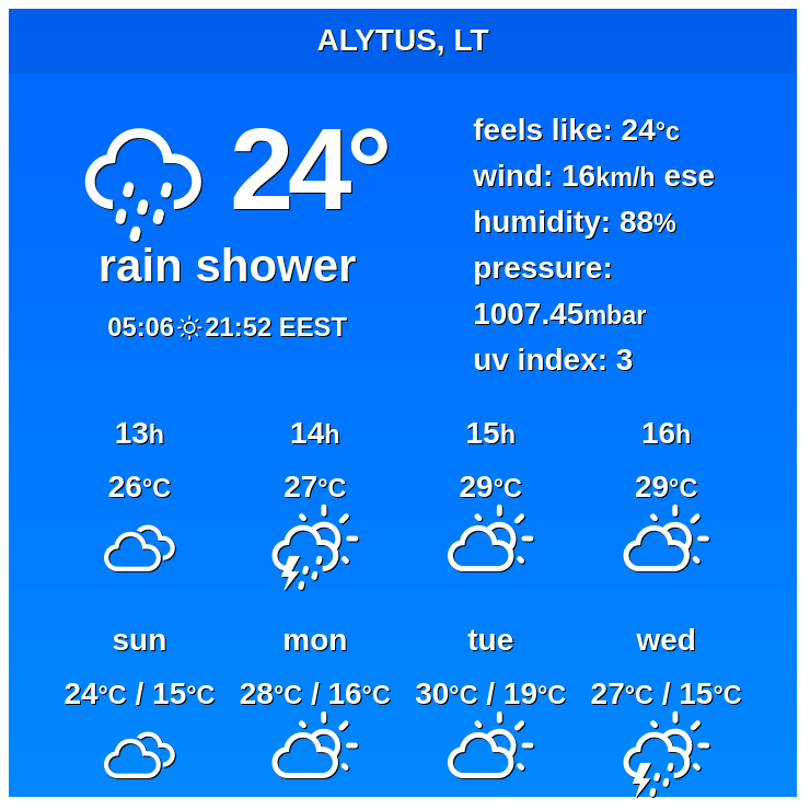 Weather_Atlas's tweet image. 🇱🇹 Alytus, Lithuania - Long-term weather forecast

The #weather will be unstable for the next ten days, and a mix of cloudy, rainy, stormy and sunny weather is... 

✨ Explore: weather-atlas.com/en/lithuania/a…

 #Alytus  #lithuania