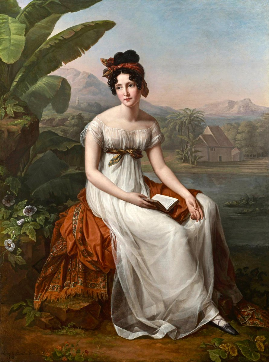 Lucie008's tweet photo. L'écrivaine Césarine d'Houdetot naquit ce jour à l'#IleMaurice, en 1794. Elle est la petite-fille de Jean-Nicolas Céré, directeur du Jardin de #Pamplemousses. Ce tableau de L. Bouteiller représente Césarine lisant "Paul et Virginie", sur un fond rappelant Pamplemousses :-) #Art https://t.co/JPAs6TOm84