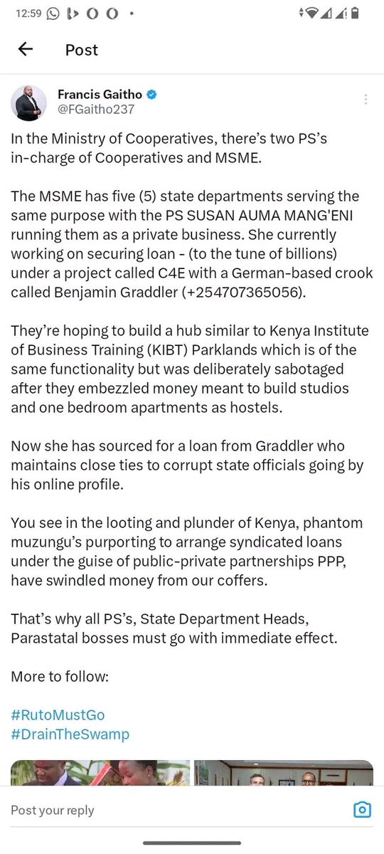 #RutoMustGo,#ps ,#DCI 
Ps MSMEmes used money which was meant for YOUTHs under the program funded by world bank(kenya youth employment opportunities program, KYEOP)  , YOUTHs money should not be used for personal gain

Help me this to go viral