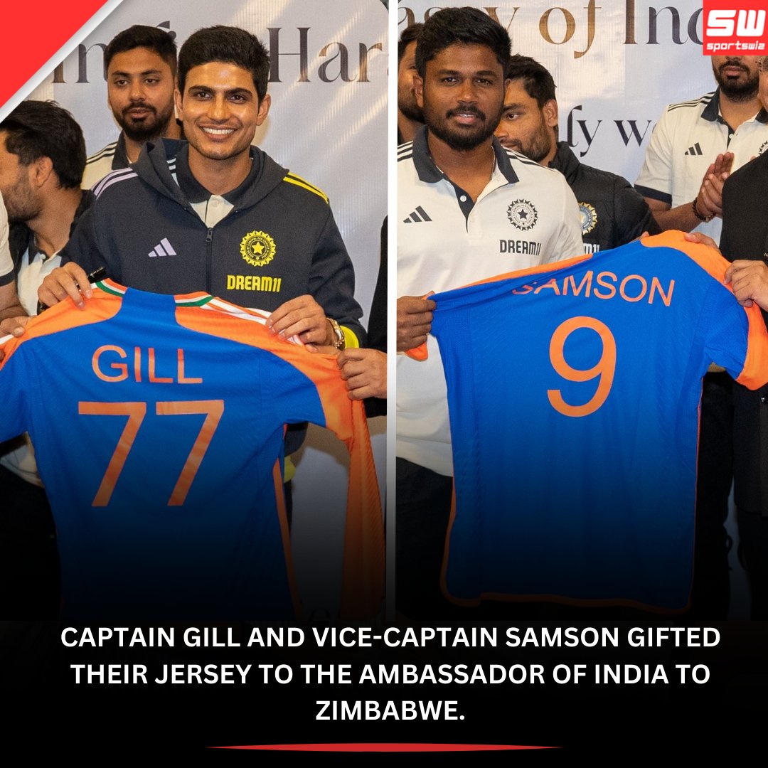 mysportswiz's tweet photo. Captain Gill and Vice-Captain Samson gifted their jersey to the Ambassador of India to Zimbabwe.
.
.
.
#YuvrajSingh #Cricket #Sachin #sivsind #PAKvsWI #GusAtkinson #Sportswiz #ENGvWI #JamesAnderson #704Wickets #SachinTendulkar #704Test #IndiaVsAustraliaWCL https://t.co/9Nyujl6J1W