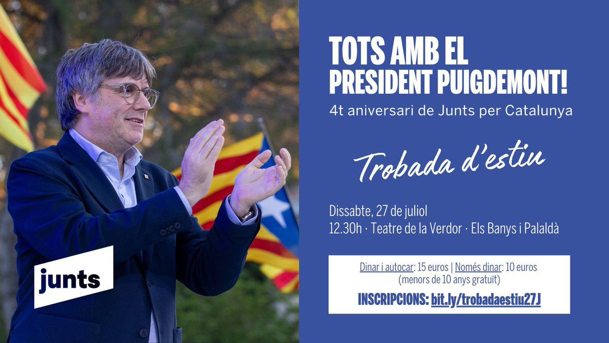 🎂 Anima’t a celebrar el 4t aniversari de <a href="/JuntsXCat/">Junts per Catalunya🎗</a> amb el president <a href="/KRLS/">krls.eth / Carles Puigdemont</a> Puigdemont‼️

📍Vine als Banys i Palaldà el dissabte 2️⃣7️⃣ de juliol.

🚌 🥘 Autocar + dinar per 15€