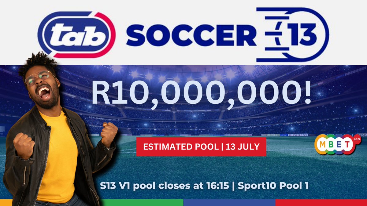 MBet_Bet_On_It's tweet image. 🚨 Big Game Alert! 🔥

⚽️Get ready to win big with TAB Soccer 13 V1 this Sat, 13 July!  Dive into an estimated R10M pool. 💰

🕒 Pool closes at 16:15. Place your bets now!
🔗rebrand.ly/MbetSoccerPools

#TakeABet #Soccer13 #Mbet #BetOnIt