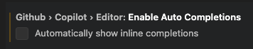 JavascriptMick's tweet image. My tip of the week.  Turn *Off* automatic inline completions
- Less distraction
- No more rushing to &apos;beat&apos; the AI
- Invoke completions with keyboard shortcuts when you need it, and when you have &apos;prepped&apos; the source by e.g. adding a comment
- Learn more
- Regain Control
#Copilot