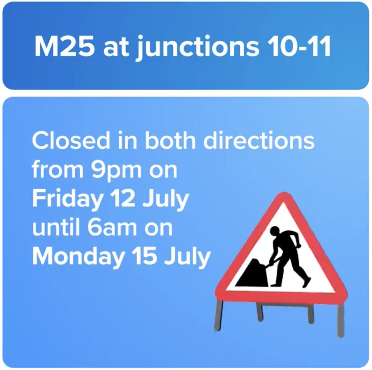 Motorway Cameras (@motorwaycameras) on Twitter photo The #M25 remains closed in BOTH directions between J10 and J11 and will not re-open until Monday 15th July at 6am. Expect delays in the area. Latest updates at <a href="/Traffic_M25/">Live Traffic - M25</a> and motorwaycameras.co.uk/roadworks/acti… The #M25 remains closed in BOTH directions between J10 and J11 and will not re-open until Monday 15th July at 6am. Expect delays in the area. Latest updates at <a href="/Traffic_M25/">Live Traffic - M25</a> and motorwaycameras.co.uk/roadworks/acti…