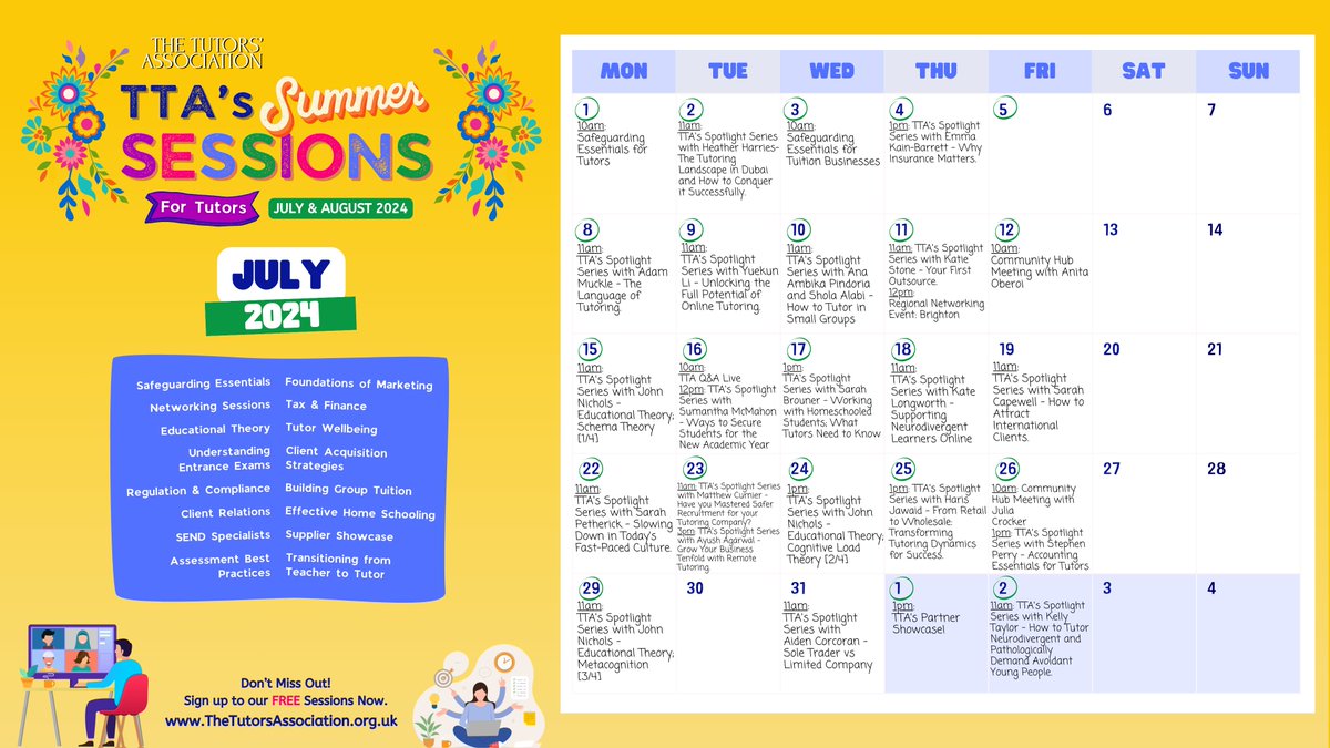 The Tutors' Association (@thetutorsassoc) on Twitter photo Upcoming events! Don't miss out; sign up now! bit.ly/3q3jHuq 
~
Week 1:
💗 Monday 1st July at 10:00 AM - Safeguarding Essentials for Tutors
View full Summer Sessions schedule here: bit.ly/3UN2mnd Upcoming events! Don't miss out; sign up now! bit.ly/3q3jHuq 
~
Week 1:
💗 Monday 1st July at 10:00 AM - Safeguarding Essentials for Tutors
View full Summer Sessions schedule here: bit.ly/3UN2mnd