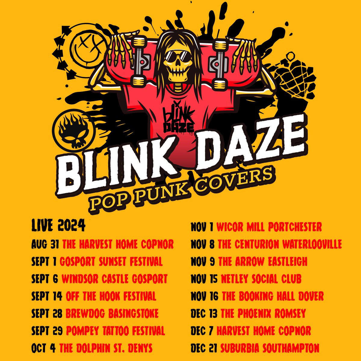 The diary is open and we are taking bookings for 2025! Our 8th year as a band! Please get in touch if you’d like to bring the #PopPunkParty to your venue 🤘🏼
#BlinkDaze #GreenDay #Blink182 #TheOffspring #Sum41 #GoodCharlotte #BowlingForSoup #NewFoundGlory #PopPunk #Tribute #UK