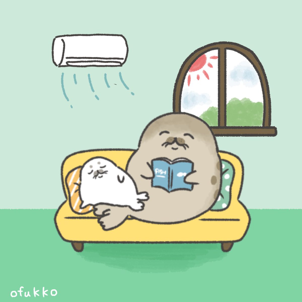 ofukko012's tweet photo. 暑い日はお家でゆっくり

#イラスト #まんまるアザラシ #あざらし #アザラシ #エアコン
#クーラー https://t.co/ljc47h7uKy