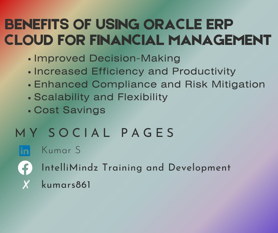kumars861's tweet image. Oracle ERP Cloud can drive efficiency, productivity, and strategic decision-making for your organization.

#FinancialManagement #OracleERPCloud #ERP #CloudSolutions #FinancialPlanning #Accounting #RiskManagement #CashManagement #TaxCompliance #BusinessEfficiency #TechInnovation