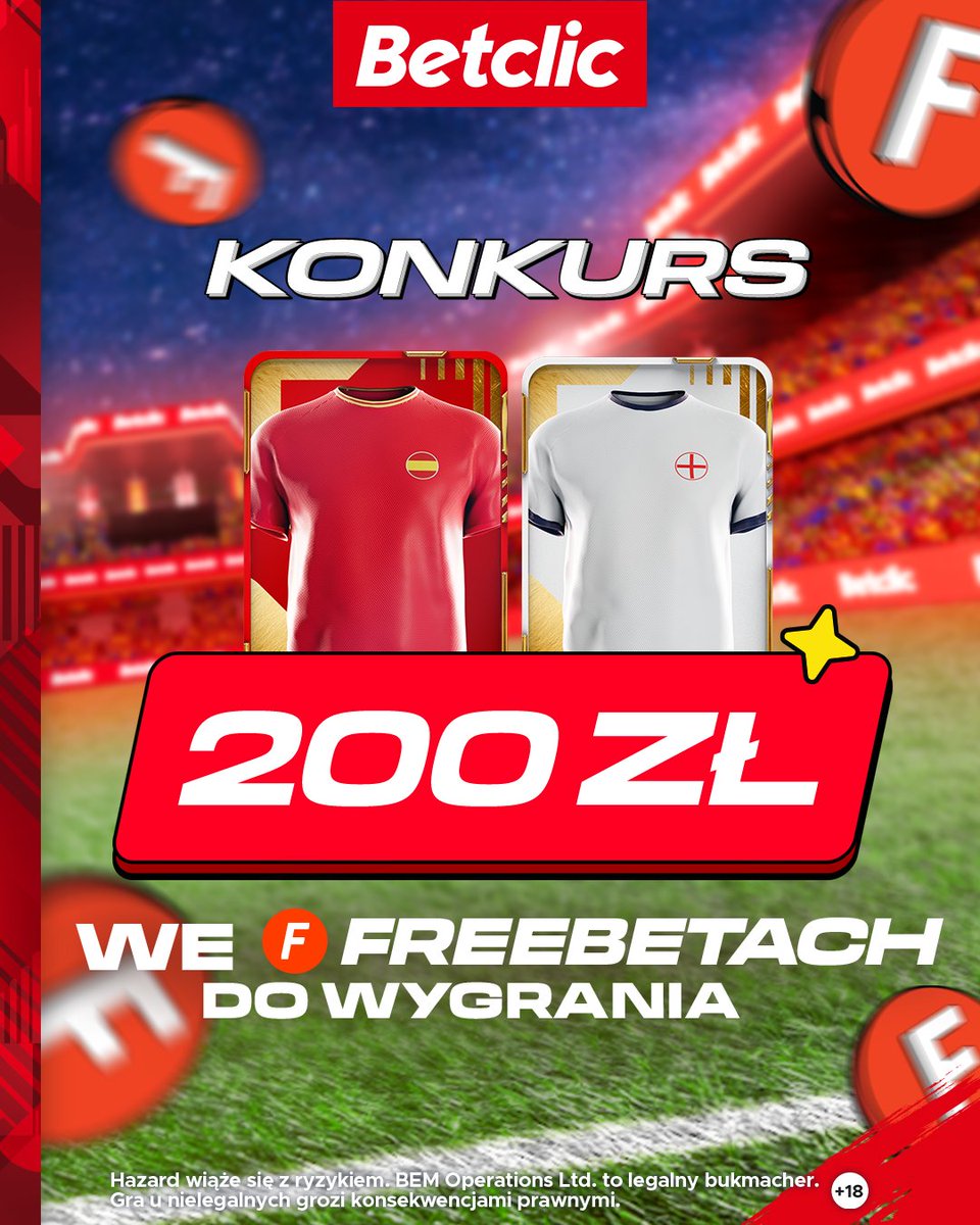 🇪🇸 KONKURS 🏴󠁧󠁢󠁥󠁮󠁧󠁿

Zasady:
🔎 Obserwuj <a href="/BetclicPolska/">Betclic Polska 🔞</a>
🔄 Retweet 
💬 Wytypuj dokładny wynik i strzelca ostatniego gola w meczu #ESPENG (90min)
#⃣ Dodaj #KonkursBetclic i Twój login  

🎁 200 zł we freebetach podzielimy między wszystkich, którzy trafią

🔞 Konkurs +18. Gramy do 21:00