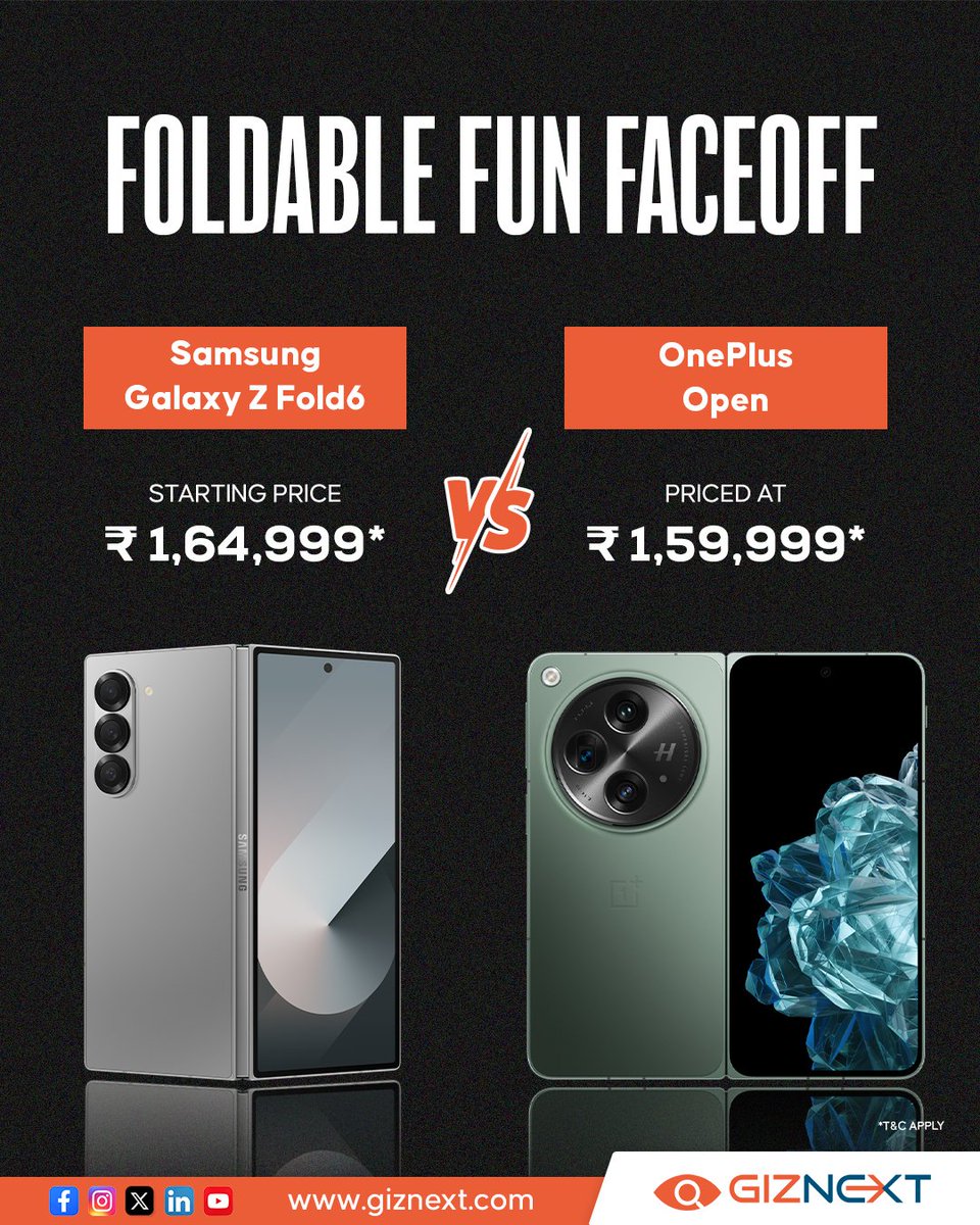 GizNext's tweet photo. Foldable Fun Faceoff: Samsung Galaxy Z Fold6 🆚 OnePlus Open
Which Fold Phone Is Your Ultimate Pick? 📱🧐
.
.
.
#SamsungGalaxyZFold6 #OneplusOpen #foldphone #Samsung #OnePlus #giznext https://t.co/aFHzm553Cn