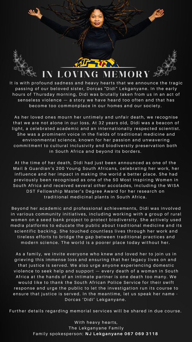Didi died on Thursday morning at the hands of someone who was supposed to love her, hold her and keep her safe. She is more than a statistic. She MUST be more than another statistic.
 #JusticeForDidi
#EnoughIsEnough
#JusticeForDLekganyane #EnoughisEnough #JusticeForDidiLekganyane