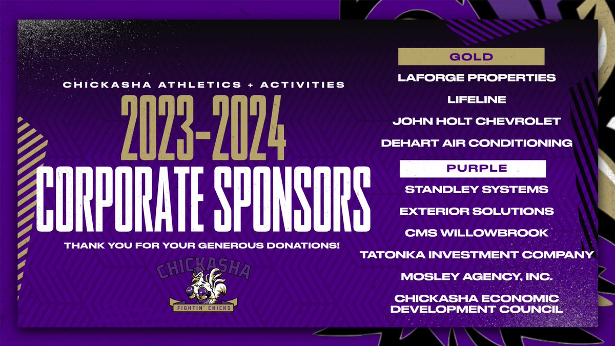 ChickashaATH's tweet photo. We want to send out a special appreciation to all of our Corporate Sponsors this school year. We are grateful for your continuous support of Chickasha Athletics and Activities! Go Chicks! #ChicksFight https://t.co/ESx3RXxpPc