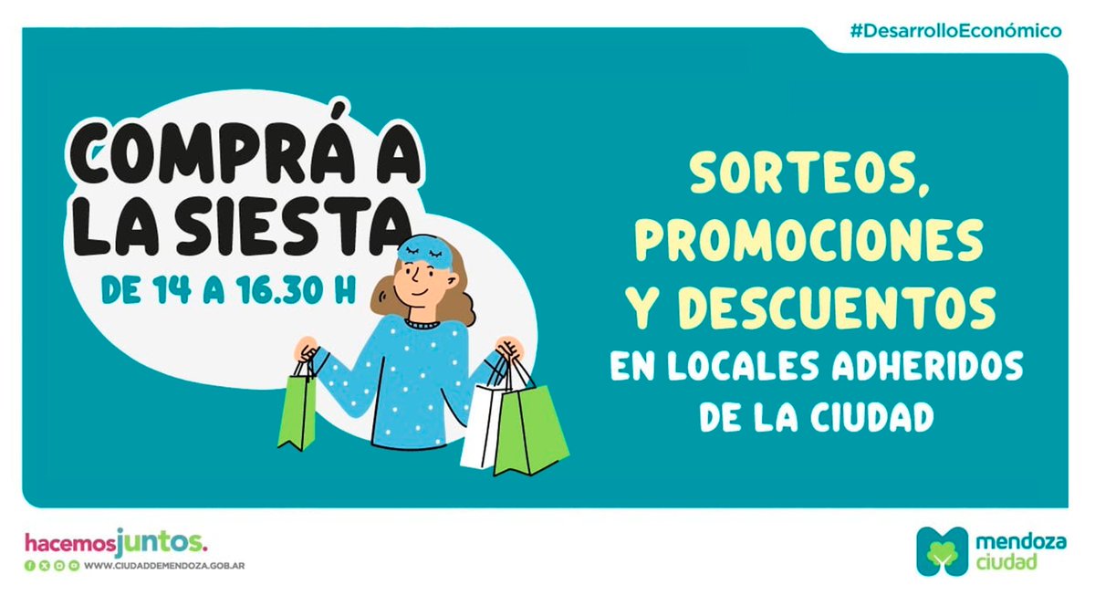 UlpianoSuarez's tweet photo. Seguimos impulsando el horario corrido en los comercios del centro de la @ciudaddemendoza.

Descubrí "𝘾𝙤𝙢𝙥𝙧á 𝙖 𝙡𝙖 𝙨𝙞𝙚𝙨𝙩𝙖", el programa de beneficios para fomentar las compras entre las 14 y las 16,30 hs. https://t.co/AibEKQdfde