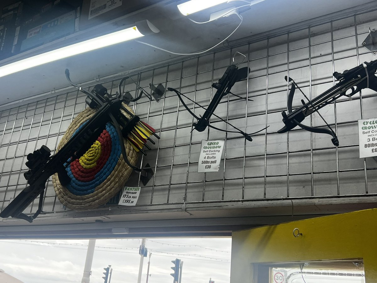 Please explain why crossbows and knives are for sale on Blackpool
Promenade.