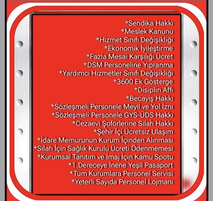 m_tahtasiz's tweet photo. Ceza İnfaz kurumu personeli zor şartlarda görev yapıyor. Kurum’un önemli dinamiklerinden olan infaz ve koruma memurları ise her türlü saldırıya açık olarak canları pahasına görev yapıyor.

İnfaz ve koruma memurları yıllardır özlük haklarının iyileştirilmesini ve güvenlik hizmetleri sınıfına dahil edilmeyi bekliyor. 
Dönemin Adalet Bakanı @bybekirbozdag “İnfaz koruma memurlarının şartlarını iyileştirmek boynumun borcu” dedi. Ne kendisi ne de kendinden sonra gelen Adalet Bakanı @yilmaztunc herhangi bir adım atabildi. 

İnfaz ve koruma memurlarının güvenlik hizmetleri sınıfına alınması için verdiğim kanun teklifi aylardır komisyonda bekletiliyor, gündeme dahi alınmıyor!

Ceza infaz kurumu personeli ile infaz ve koruma memurlarının haklarını iyileştirmek boynunuzun borcudur. 

Ceza İnfaz Kurumu çalışanlarının talepleri:

📌 Sendika Hakkı
📌 Meslek Kanunu
📌 Güvenlik Hizmetleri Sınıfı’na dahil edilmek.
📌 Özlük haklarında iyileştirme.
📌 Fazla mesai ücreti.
📌 DSM personeline yıpranma.
📌 3600 ek gösterge.
📌 Disiplin affı, becayiş hakkı. 
📌 Sözleşmeli personele meyil ve yol izni. 

@ikomder @CezaeviSendika @CezaeviSendikas @ctekurumsal @YavuzEnis #infazvekoruma