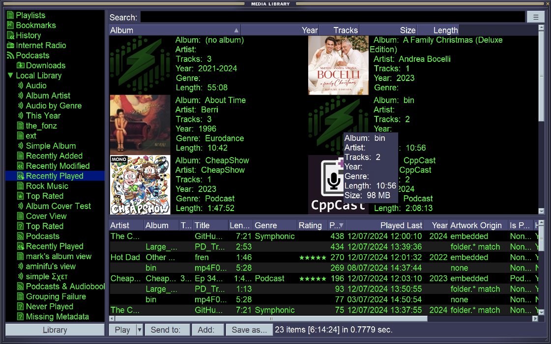 Finally getting around to implementing a tiled / details mode for the album art filter panel results which should resolve some on-going complaints.
Visually it's a bit different from winamp's ml_local but this should be decent enough even if WINE doesn't implement the tiled mode.