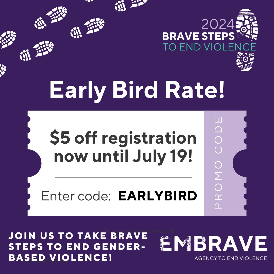 Embrave_ca's tweet photo. Steps to End Violence Registration is now open!
Are you joining us to take steps to end gender-based violence on August 25th?
Use promo code EARLYBIRD before July 19 to get $5 off registration.
Click here to register! https://t.co/OhSMPDMD3K
#StepsToEndViolence #STEV2024 https://t.co/SLdHMQTsAE