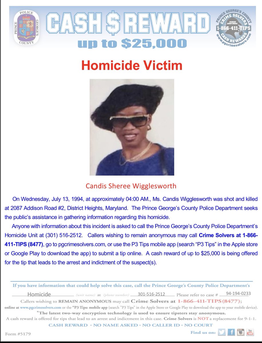 PGPDNews's tweet photo. Seeking community help to solve the cold case murder of Candis Wigglesworth. Every piece of information counts. Let's bring justice to those affected. Anyone with information is asked to contact @PGCrimeSolvers on the web or submit your tip using the P3 Tips app. https://t.co/q3IUJPFvfH