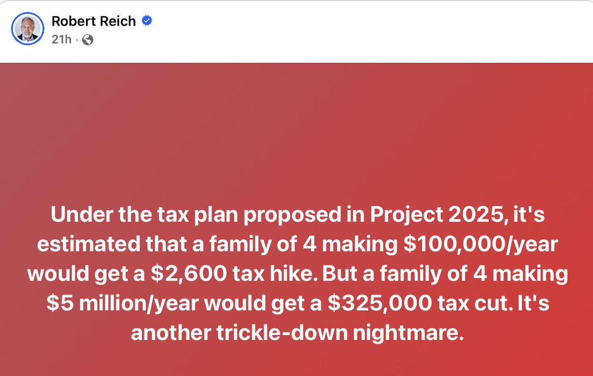 Lack of trickle down is what actually happens.    

Under proposed tariffs, inflation will also increase/hold at higher rates.

Robert Reich is a lawyer and an author, was secretary of labor under Clinton, former professor at UC Berkeley and Brandeis, has lectured at Harvard.