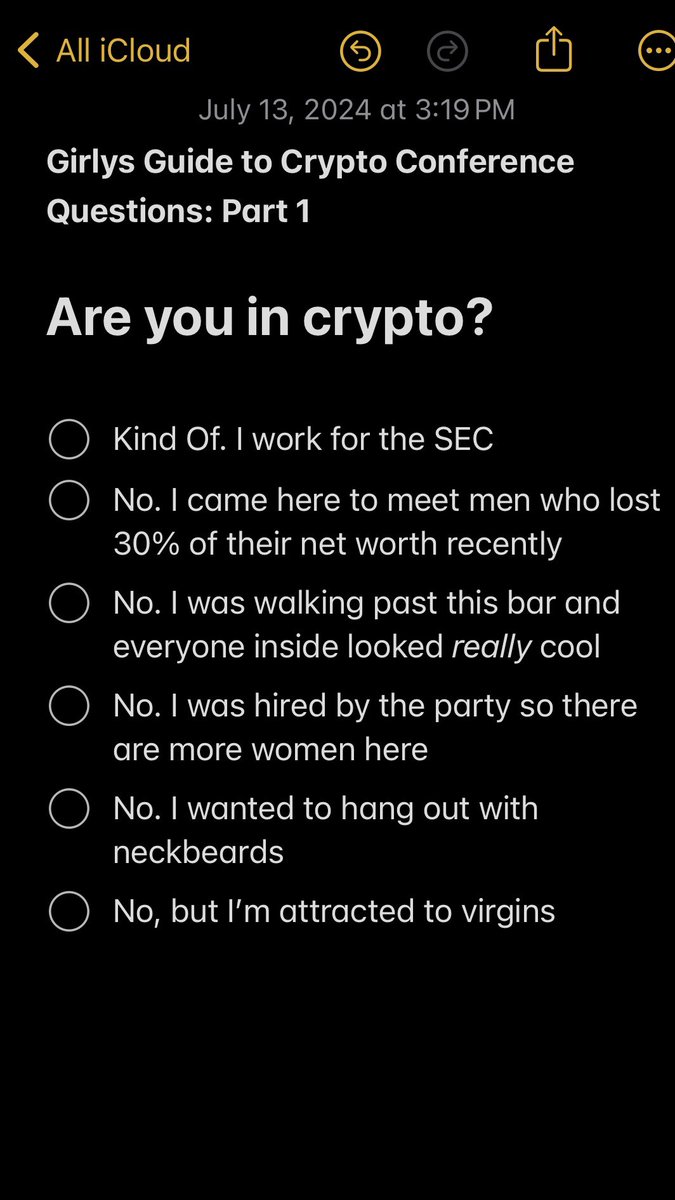 I will never get why men ask me if I am in crypto, at crypto conference events. Even at my 3rd EthCC.

Therefore, I am open sourcing my answer guide for all the other girlies