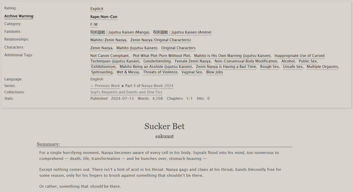 guromegumi's tweet photo. JJK | MahiNao | E | 4.1k
PWP
Day 3 of #naoyaweek2024
CW: noncon, fem!Naoya (Mahito happened), Mahito being Mahito + more!

Mahito drove Naoya crazy in this fic, just like they both drove me crazy by refusing to shut up 💔

https://t.co/u7V7rVQWjL https://t.co/1wWjv9hQUi