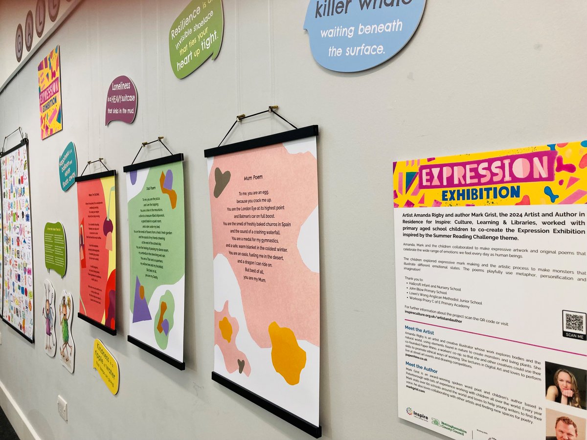 NottsLibraries's tweet image. The 'Expression' Exhibitions are now open!!  🎨✏️
See how our 2024 artist and author in residence Amanda Rigby and Mark Grist worked with school children, to make emotive artwork and poems. 
More information: inspireculture.org.uk/arts-culture/c…
@Paper_Rhino  @montygristo  @ace_national