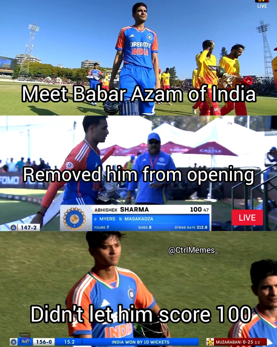 Ctrlmemes_'s tweet photo. Why do we need selfish players like Shubman Gill who can't play for the team.

I had a doubt on him since he made Rohit Sharma runout against Afghanistan.

Abhishek Sharma and Yashasvi Jaiswal deserve a good captain.

#IndvsZim https://t.co/CNYABwqp1i