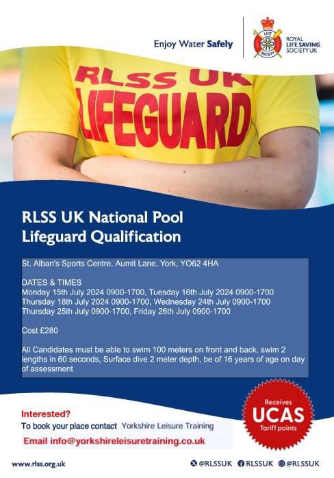 YLTraining1's tweet photo. National pool lifeguard course starts this Monday 15th at St Albans sports centre , Ampleforth 
Dates:
Monday 15th 9-5
Tuesday 16th 9-5
Thursday 18th 9-5
Wednesday 24th 9-5
Thursday 25th 9-5 

Exam Friday 26th 

Contact us to book info@yorkshireleisuretraining.co.uk https://t.co/XL73F817m3