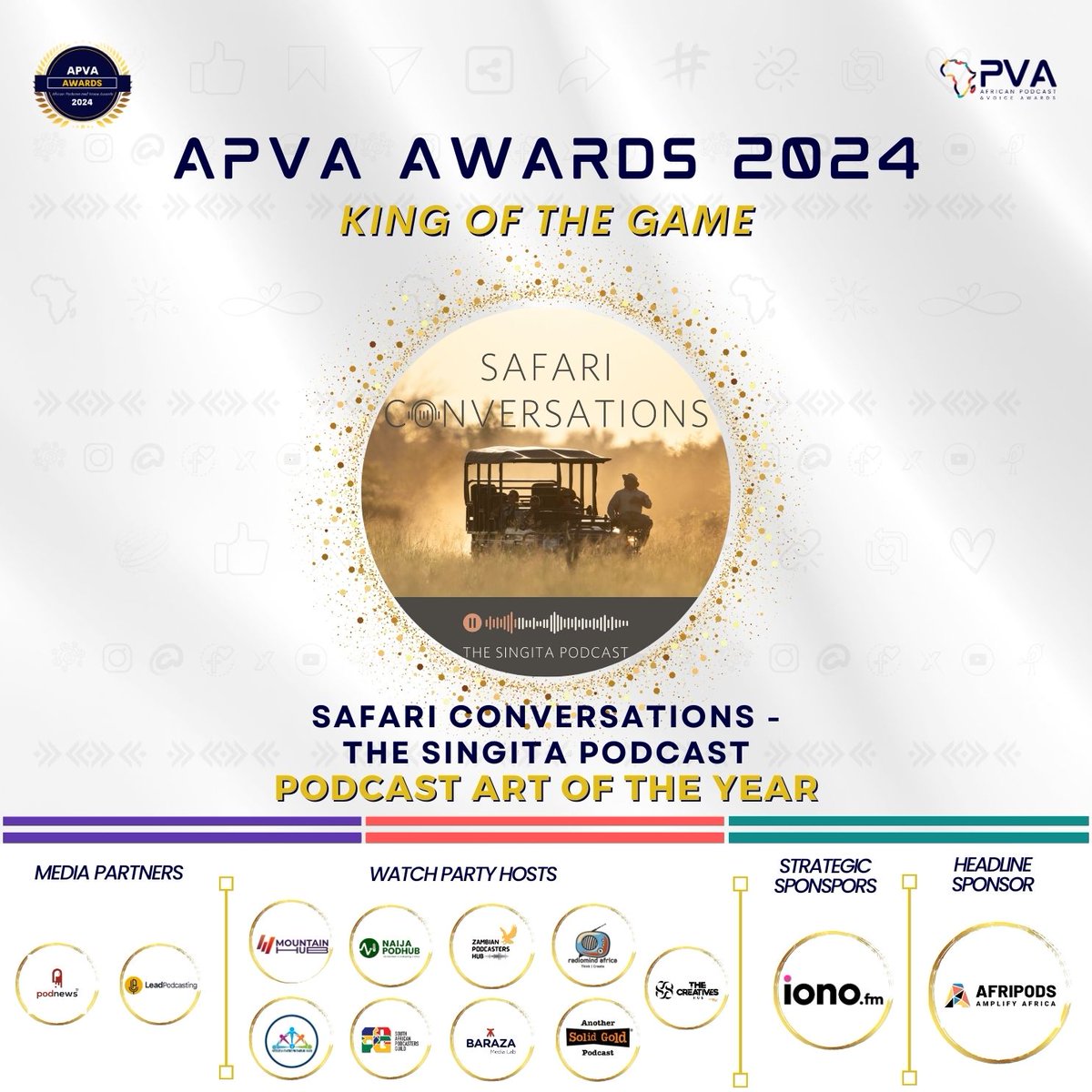 APVAofficial's tweet photo. Drumrolls...🥁 
Introducing the Nominees for the Podcast Art of the Year Podcast Category.

📌Safari Conversations - The Singita Podcast @solidgoldpods

📌Made In Africa @madeinafricapodcast

📌In My Voice Podcast @abasbwana

📌The Educated Africana @africanawoman https://t.co/wGTQXuxjrb
