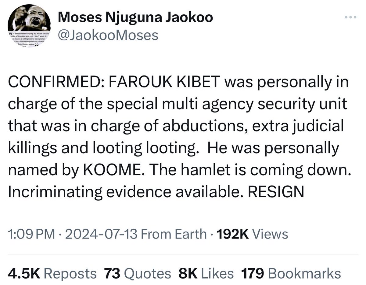 MigunaMiguna's tweet photo. Farouk Kibet = ⁦@WilliamsRuto⁩. No excuses. All the criminals must be forced out, tried, convicted and JAILED. #RutoMustGo together with everyone in that criminal regime. https://t.co/GckqE3CGws