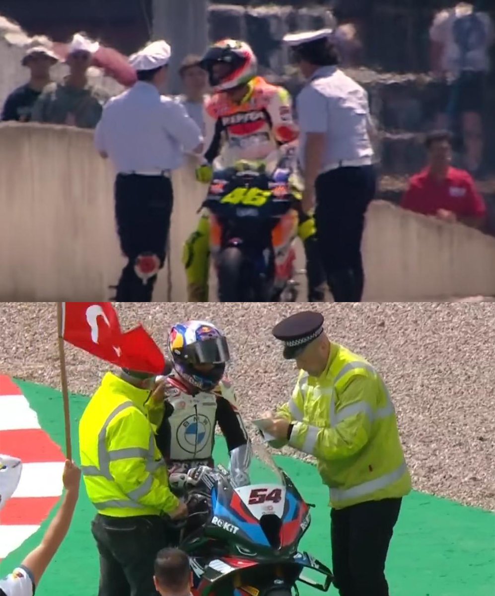 crash_motogp's tweet photo. Toprak Razgatlioglu's speeding ticket celebration 😂 very much like Valentino Rossi's one at Mugello in 2002 🚔 https://t.co/JfEBOUbfIU