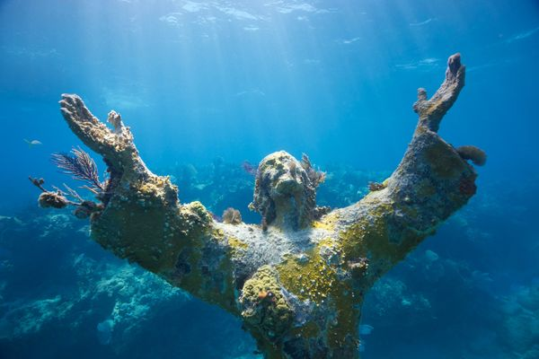 phalascist's tweet photo. Christ of the abyss, a submerged statue of Christ on the seafloor of san fruttuoso bay, italy. https://t.co/scY2UrdhO7